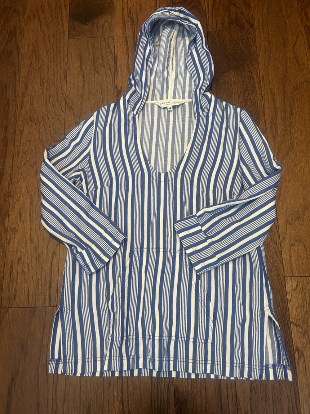 Trina Turk Hooded Blue and White Striped Long Sleeve Top